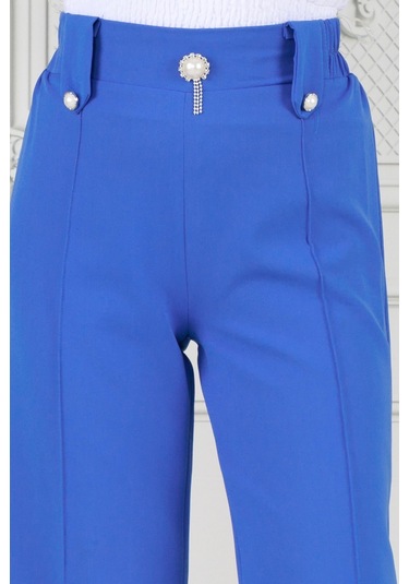 Sevitli İnci Broşlu Çımalı Bol Paça Pantolon-mavi-3695-mavi Mavi