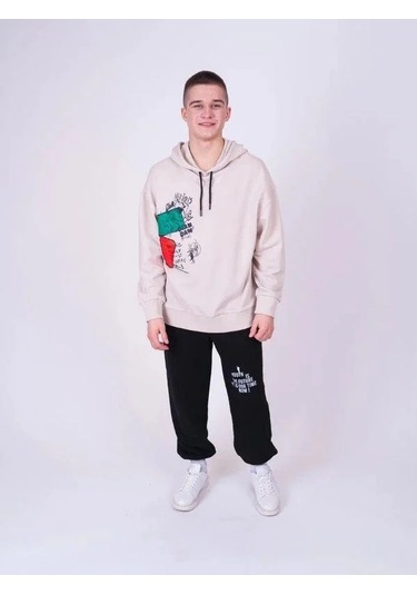 Çocuk Family World Yazıılı Kapüşonlu Sweatshirt-13545 Ekru