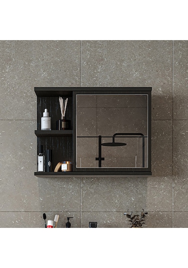 Kulpsuz Tek Kapaklı Mat Suntalam 60 Cm Aynalı Banyo Üst Dolap Syh Siyah