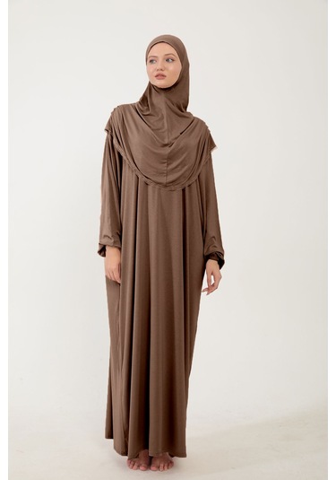 Kadın Tesettür Pamuklu Başörtülü Namaz Elbisesi Dantelli Tek Parça Penye Kumaş Kahverengi