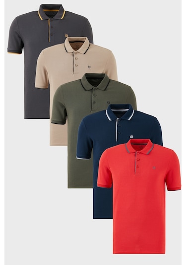 Buratti Pamuklu Slim Fit Şerit Detaylı Düğmeli Polo Yaka 5'Li Paket Erkek T Shirt 5902118S5 Indigo-Haki-Kırmızı-Antrasit-Vizon