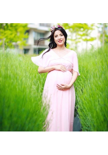 Modalabio Moda Labio- Babyshower Melek Kol Hamile Elbisesi Pudra