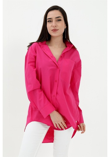 Tek Cepli Kolları Katlı Oversize Kalın Keten Gömlek - Fuşya-fuşya Fuşya
