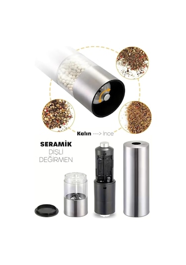 Çelik Led Işıklı Elektronik Baharat Öğütücü Otomatik Tuz Biber Baharat Değirmeni Pille Çalışan 1adet Gri