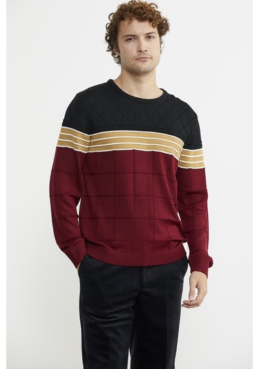 Blok Desen Sıfır Yaka Triko Kazak - Bordo 001