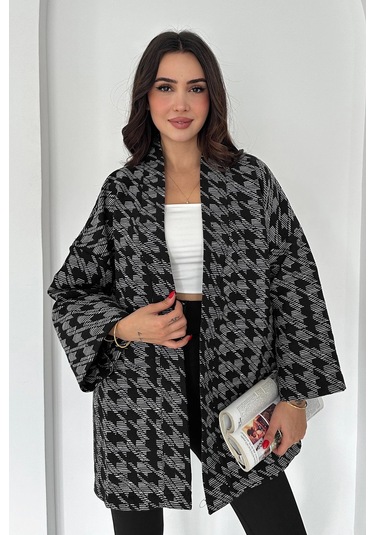 Kazayağı Desenli Kimono Siyah Siyah