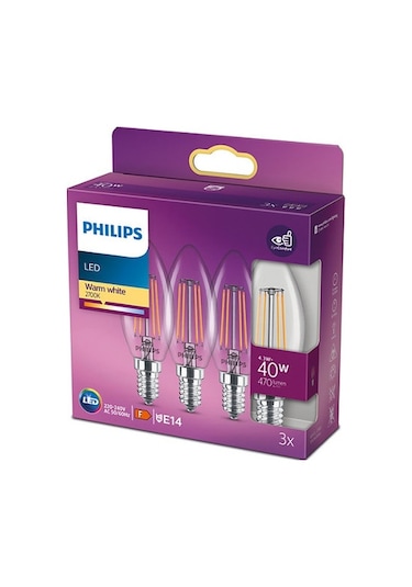 Philips Filament 40W E14 Ince Duylu Mum Ampul Sarı Işık 3Lü