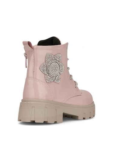 Günlük Çocuk Bot Rugan Çiçekli Taşlı Bağcıklı Fermuarlı Rugan Kalın Tıtrıklı Taban Bootie 600 Pudra - Rugan Pudra