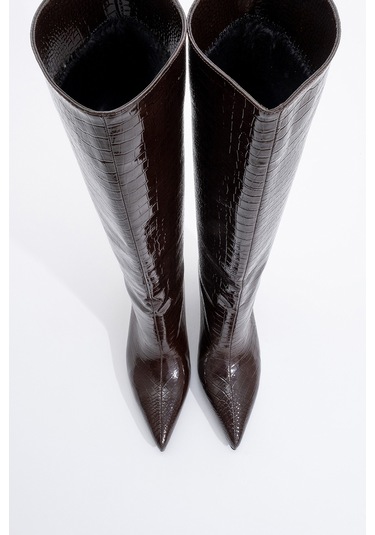 Camila Kahve Baskı Kadın Topuklu Çizme Kahve Kroko