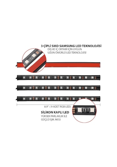 Araç İçi Ayak Altı Rgb 9 Led Kumandalı Oto Şerit Aydınlatma - 418154473