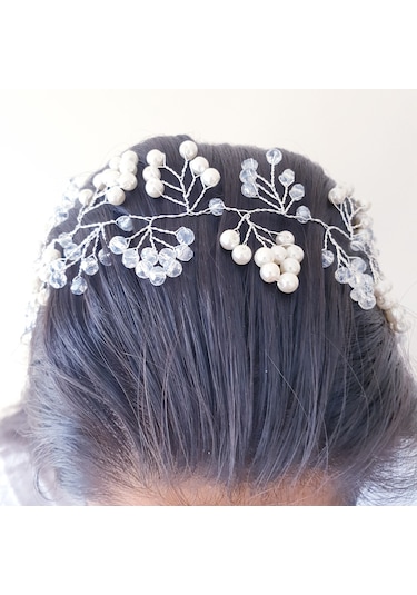 Beyaz Kristal Boncuklu Ve Beyaz Incili Gelin Tacı