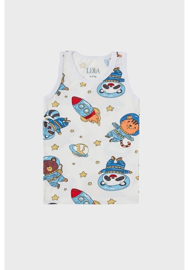 Lela Desenli Streç Pamuklu Bisiklet Yaka Atlet Boxer 2'Li Iç Giyim Erkek Çocuk Takım 6651010 Ekru