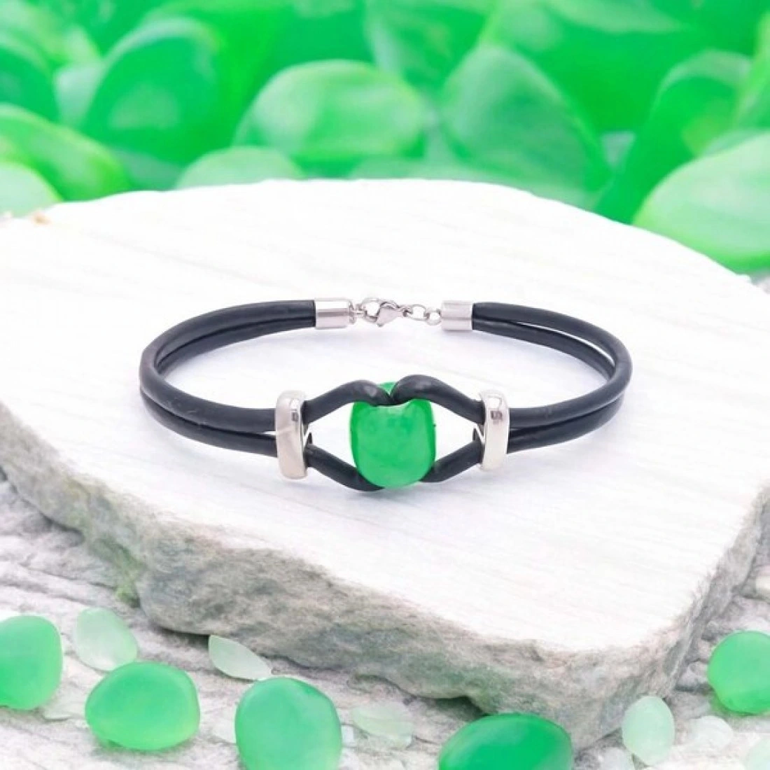 Moncuk Design Yeşil Akik Doğal Taşlı Deri Ve Çelik Bileklik 33512b14d3 Çok Renkli