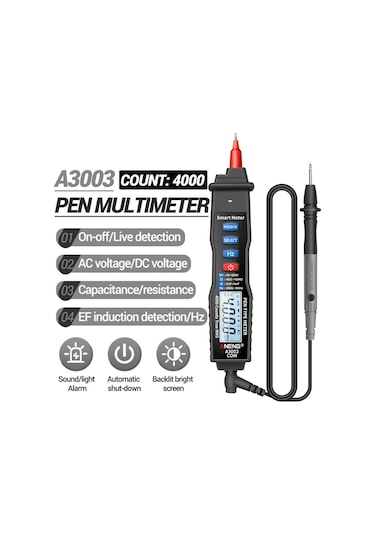 Aneng A3003 Dijital Kalem Otomatik Multimetre 4000 Ncv Ac / Dc Gerilim Direnci Kapasite Test Cihazı İle Akıllı Metre Sayımları - Siyah
