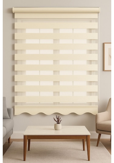 Krem Geniş Pliseli Zebra Stor Perde Eteği Dilimli Alüminyum Kasa+metal Ayak Krem