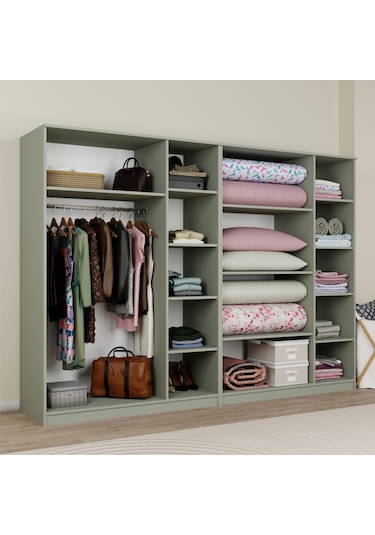 Lucas 6 Kapaklı,15 Raf Bölmeli Yüklük & Askılıklı Geniş Elbise Dolabı-gardırop Kül Yeşil Yeşil