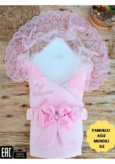 Dantelli Kız Bebek Battaniyesi Mevlütlük Hastane Çıkışı Yenidoğan %100 Pamuklu Organik Uyku Kundağı Pembe