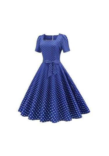 Vintage Puantiyeli Elbise Klasik Film Tarzı Tasarım Kare Zarif Zamansız Retro Yaka Kadın Elbise Sarı