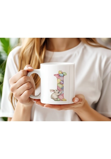 I Harfli Tavşan Kupa - Patchwork / Yamalı Desenli İsme Özel Kupa - Pastel Vintage Tarz Hediyelik Beyaz