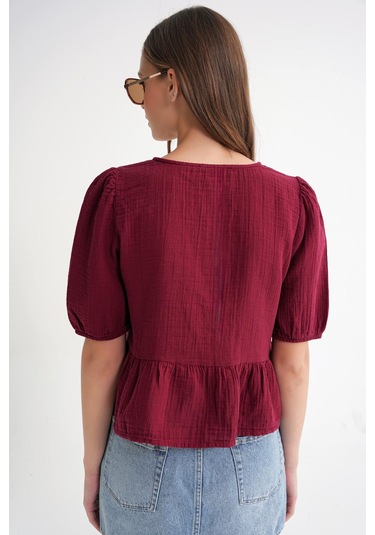 4713 Kadın Beli Büzgülü Kolu Lastikli Bol Müslin Bluz Bordo Bordo