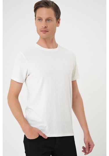 Comfort Fit Bisiklet Yaka Kabartma Desenli Casual Ekru Tişört Ts 899 Ekru