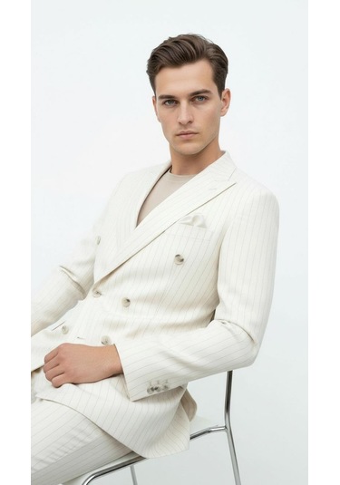 Plus Scorpion Krem Çizgili Erkek Kruvaze Blazer Ceket İtalyan Kesim, Modern Ve Zarif Şıklık Krem