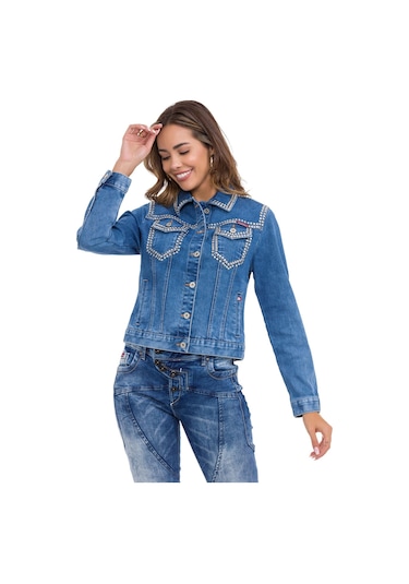 Wj213 Kadın Gümüş İşlemeli Denim Ceket 001