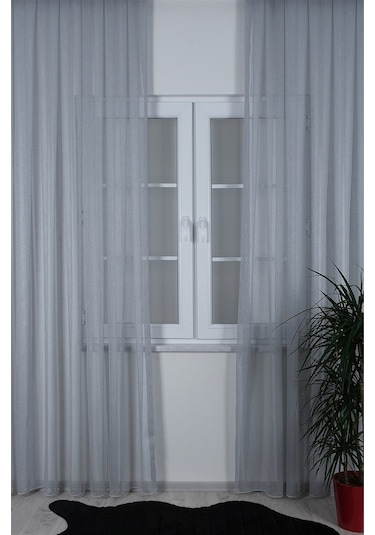 Damla Keten Görünümlü Leno Tül Perde Pilesiz Gri - Gri