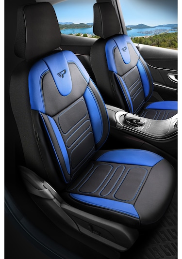 Siyah - Mavi Garni Panda Rodos Serisi Deri Ortopedik Oto Koltuk Kılıfı - Tam Set