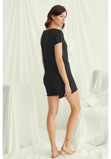 Monamise 18496 Kadın V Yaka Kısa Kollu Şortlu Pijama Takımı-siyah Siyah