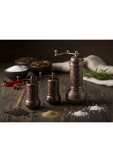 Zamak Metal Bakır Renk 3 Lü Set Karabiber,kahve,çörek Otu El Değirmeni Öğütücü Grinder Bakır