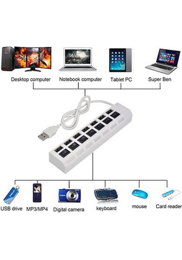 7 Port Usb Hub Çoklayıcı Anahtarlı Switch Işıklı Beyaz Adaptörlü (533634728)