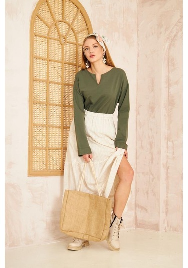 Kadın Ekstra Uzun Duble Kol / Yakası Yırtmaçlı Salaş Sweatshirt Bluz 3470190 Haki