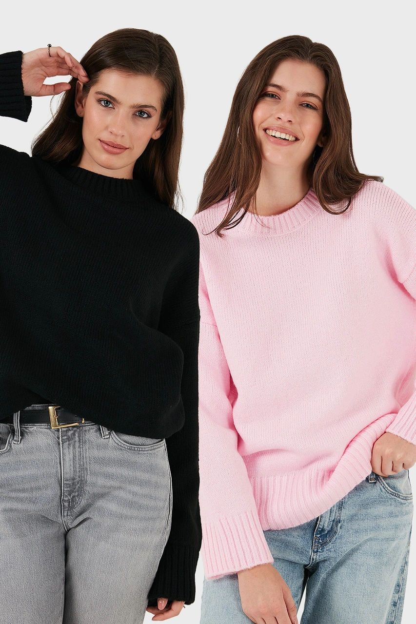 Lela Regular Fit Bisiklet Yaka Basic 2'Li Paket Triko Bayan Kazak 4616213S2 Siyah-Toz Pembe