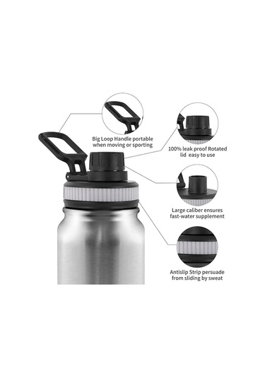 304 Paslanmaz Çelik Yalıtımlı Su Bardağı El Büyük Kapasiteli Açık Hava Sporları Su Isıtıcısı Vakumlu Su Şişesi, Kapasite: 1000ml Gümüş Gri