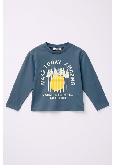 Erkek Çocuk %100 Pamuk Baskılı Uzun Kollu Tişört - İndigo 3-4 Yaş 8-9 Yaş İndigo