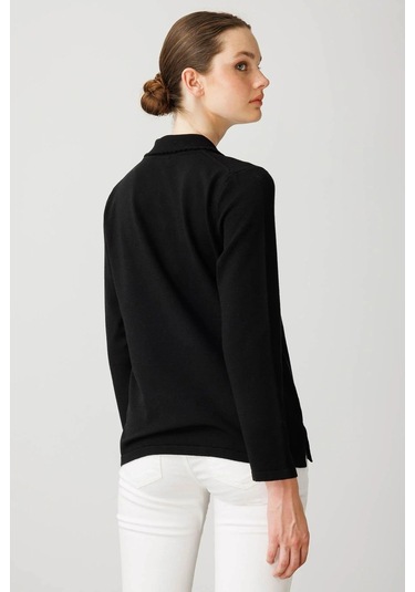 Desen Triko Kadın Polo Yaka Likralı Bluz 25091 Siyah Siyah