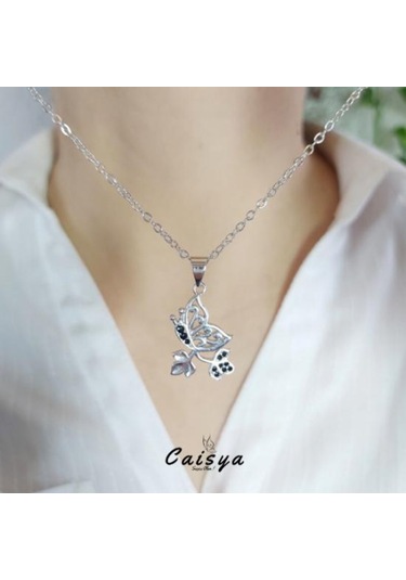 Nano Siyah Taşlı Yapraklı Kelebek Gümüş Kolye-Silver