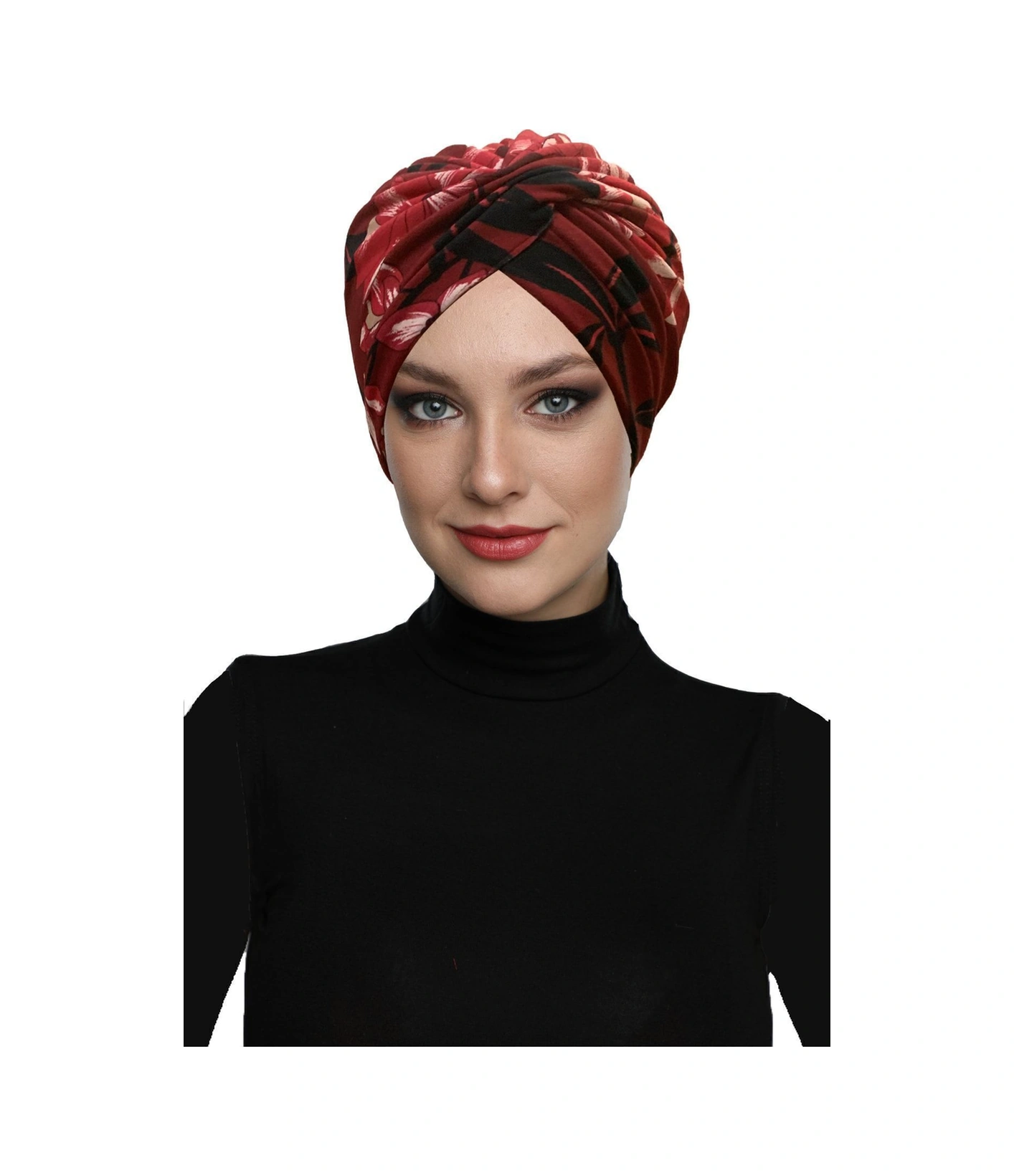 Fidan Desenli Çapraz Penye Bordo Yaprak Motifli Hazır Türban Tesettür Havuz Bonesi Bordo-yaprak