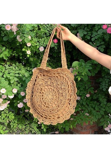 Novahub Koyu Kahverengi Bohem Tarzı Hasır Örgü Plaj Çantası - El Yapımı Omuz Çantası 40cm Koyu Kahverengi