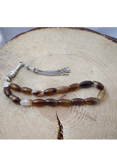 Balıkhediyelikfoto Kahve Akik Taşi Şak Şak Tespih / Uzun Arpa Model Doğaltaş Tespih