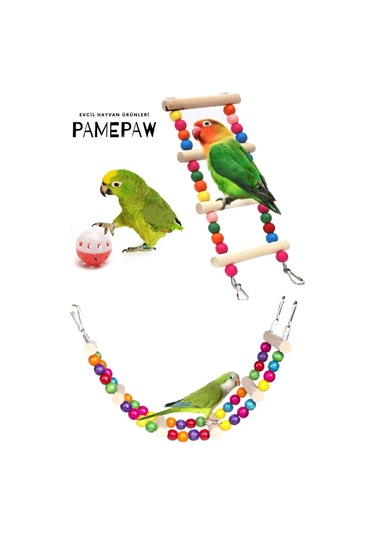Muhabbet Kuşu Ve Papağanlar Için Salıncak , Merdiven , Kuş Oyun Topu Oyuncak Seti 3'lü Set