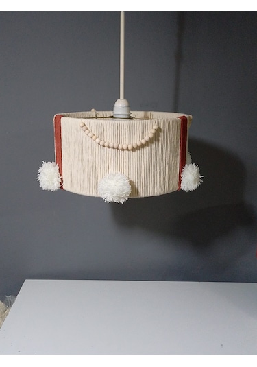 Makrome İp Avize Abajur Ponpon Avize Bebek Çocuk Avize Abajur Set Komple Makrome İp Ekru