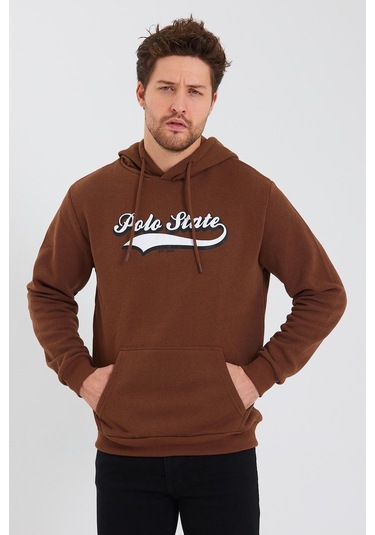 Erkek Baskılı Kapüşonlu 3 İplik Sweatshirt Kahverengi
