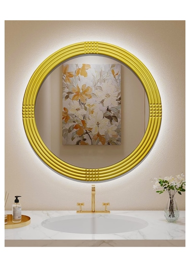 Led Işıklı Safir Altın Dekoratif İşlemeli Banyo Duvar Aynası 43 Cm Altın