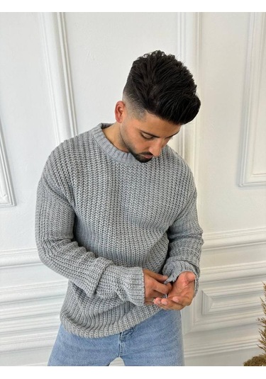 Kazak Oversize Çift Kat Zincir Örgü Naturel Pamuk Bol Kesim Tüylenmez Triko Kazak Gri