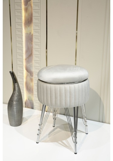 Bianco Metal Ayaklı Puflu Zigon Sehpa Krom Bej Chrome Beige