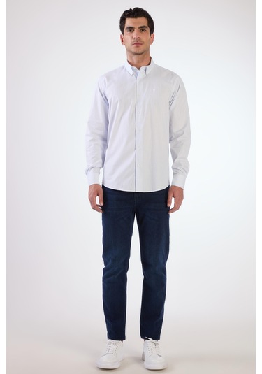 Açık Mavi Kare Desen Regular Fit Uzun Kol Erkek Gömlek Açik Mavi