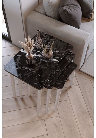 Zuesse Dizayn Beyza 3lü Zigon Sehpa & Yan Sehpa Beyaz Ahşap Ayaklı Salon Seti Çay Sehpası - Siyah Mermer