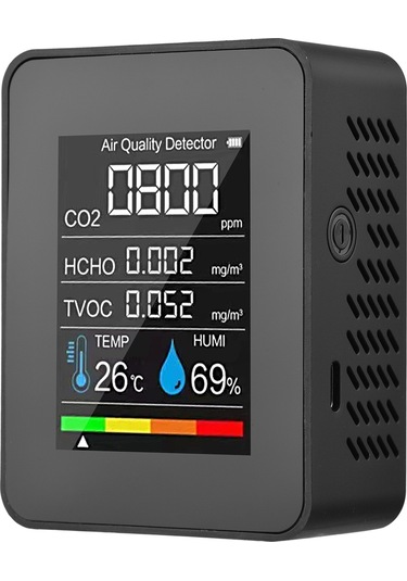 Springsun Hava Kalitesi Analizi Cihazı: Co2, Formaldehit Hcho , Tvoc, Sıcaklık Ve Nem Ölçer - Lcd Renkli Ekran, Yarıiletken Sensör, Dahili Batarya